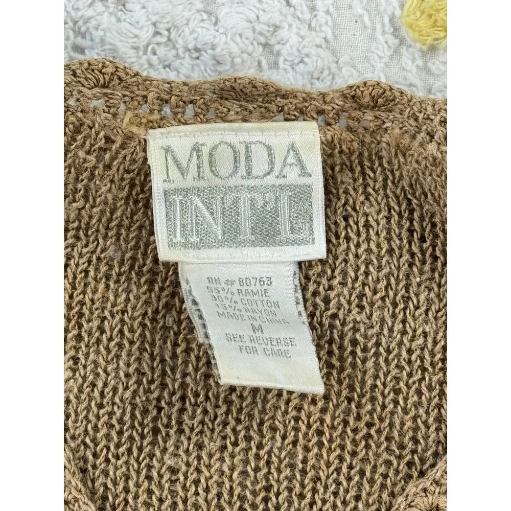 MODA INTL Tan Crochet Knit Button Up‎ Cardigan Sweater Top Women's Medium - Picture 5 of 8